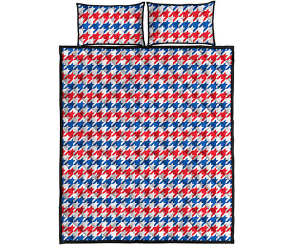 Red Blue And White Houndstooth Print Quilt Bed Set