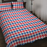 Red Blue And White Houndstooth Print Quilt Bed Set