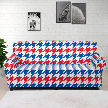 Red Blue And White Houndstooth Print Sofa Cover
