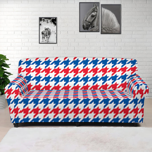 Red Blue And White Houndstooth Print Sofa Cover