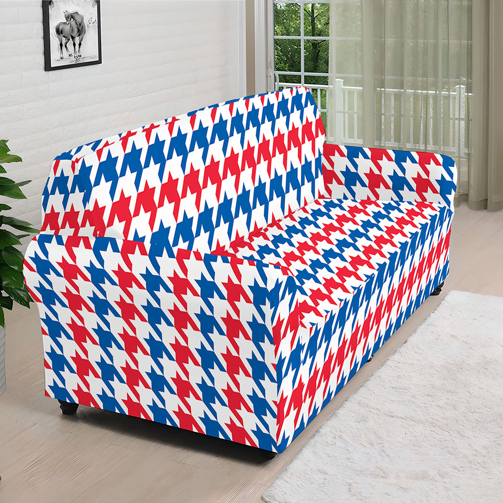Red Blue And White Houndstooth Print Sofa Cover