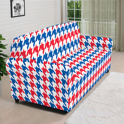 Red Blue And White Houndstooth Print Sofa Cover