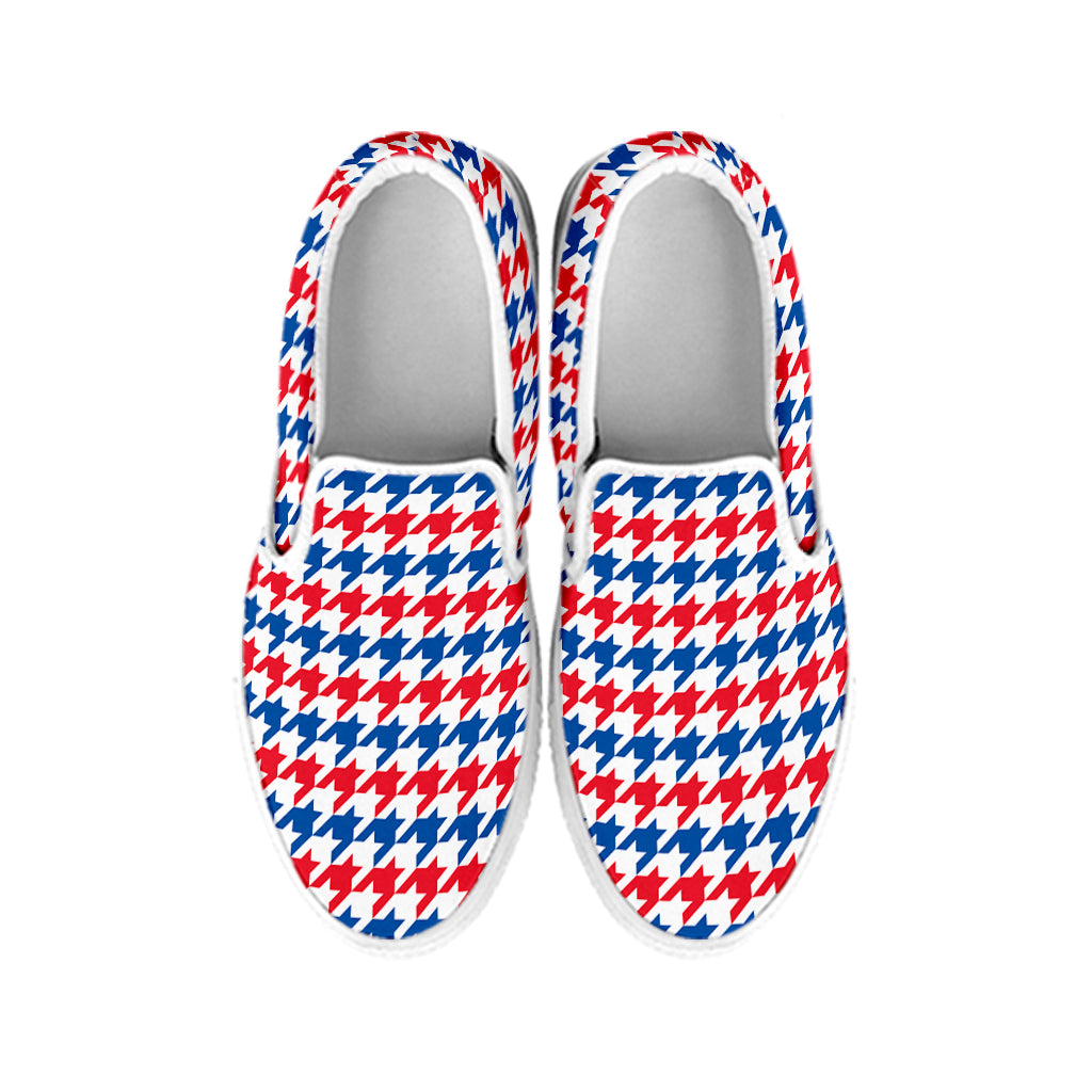 Red Blue And White Houndstooth Print White Slip On Shoes
