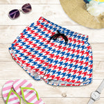 Red Blue And White Houndstooth Print Women's Shorts