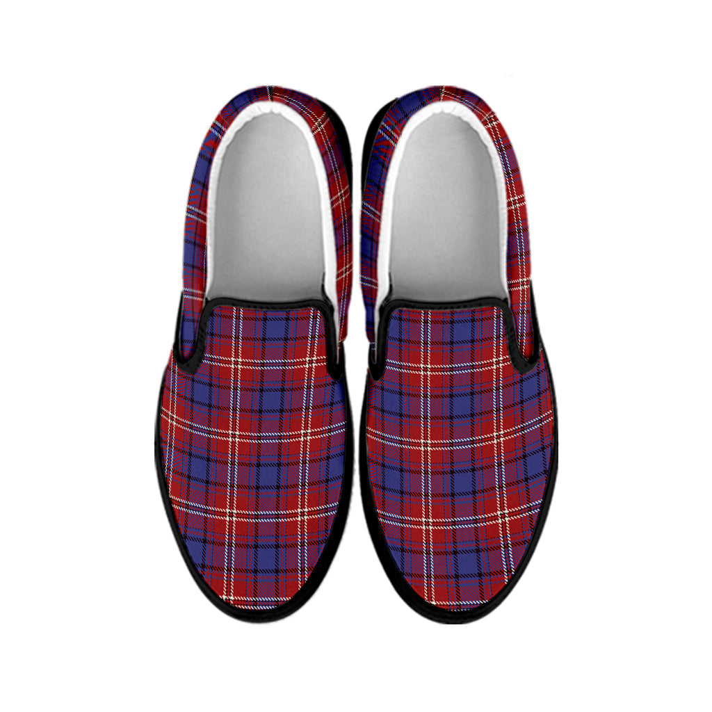 Red Blue And White Tartan Pattern Print Black Slip On Shoes