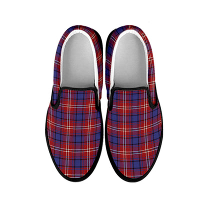 Red Blue And White Tartan Pattern Print Black Slip On Shoes