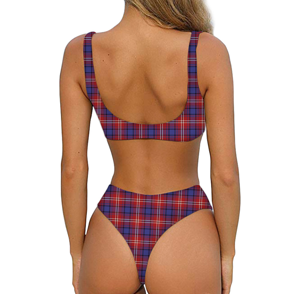Red Blue And White Tartan Pattern Print Front Bow Tie Bikini