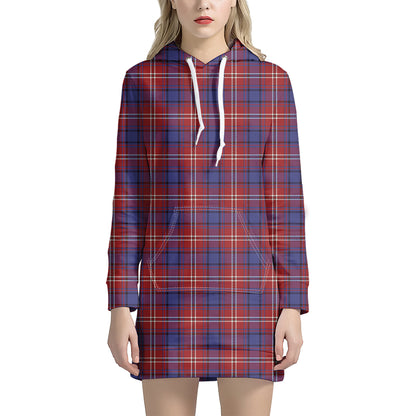 Red Blue And White Tartan Pattern Print Hoodie Dress