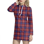 Red Blue And White Tartan Pattern Print Hoodie Dress