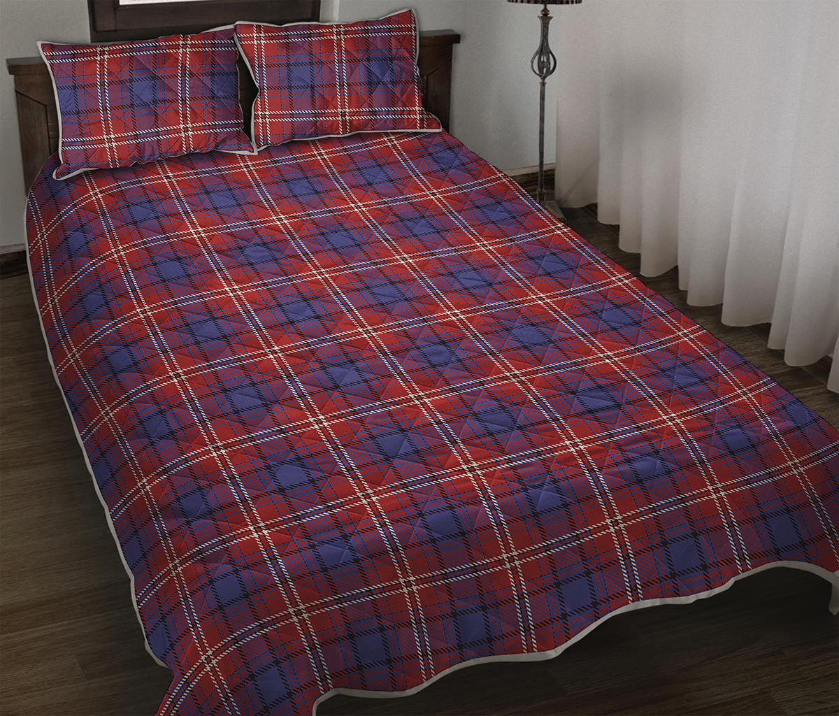 Red Blue And White Tartan Pattern Print Quilt Bed Set