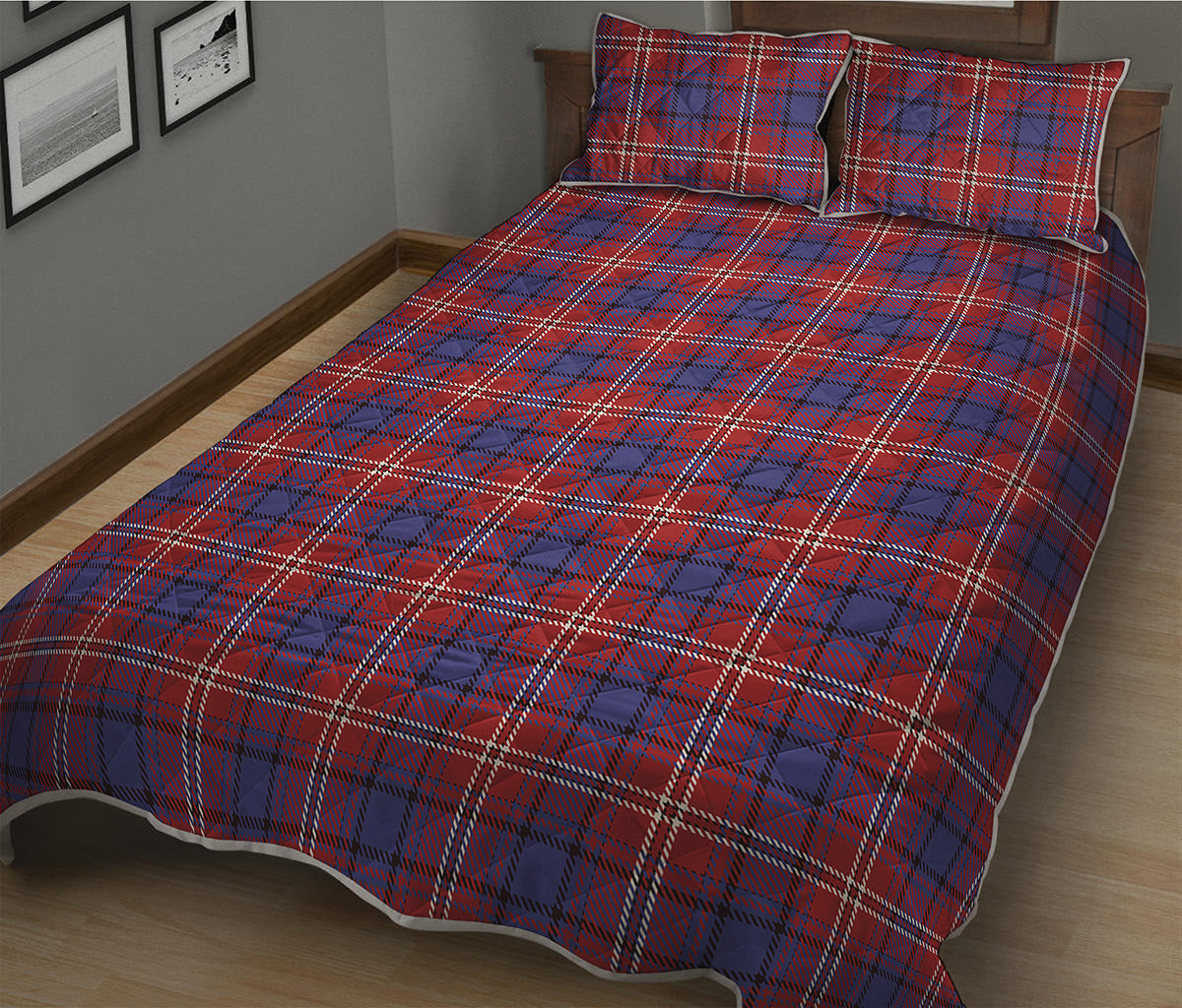 Red Blue And White Tartan Pattern Print Quilt Bed Set