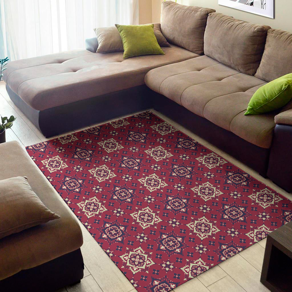 Red Boho Flower Pattern Print Area Rug