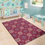 Red Boho Flower Pattern Print Area Rug