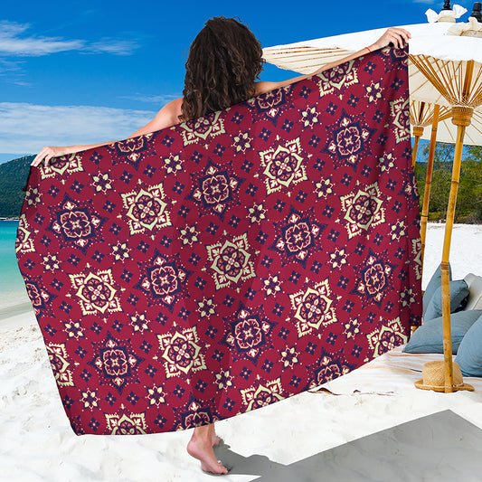 Red Boho Flower Pattern Print Beach Sarong Wrap