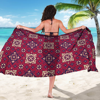 Red Boho Flower Pattern Print Beach Sarong Wrap