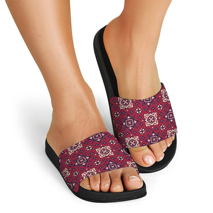 Red Boho Flower Pattern Print Black Slide Sandals