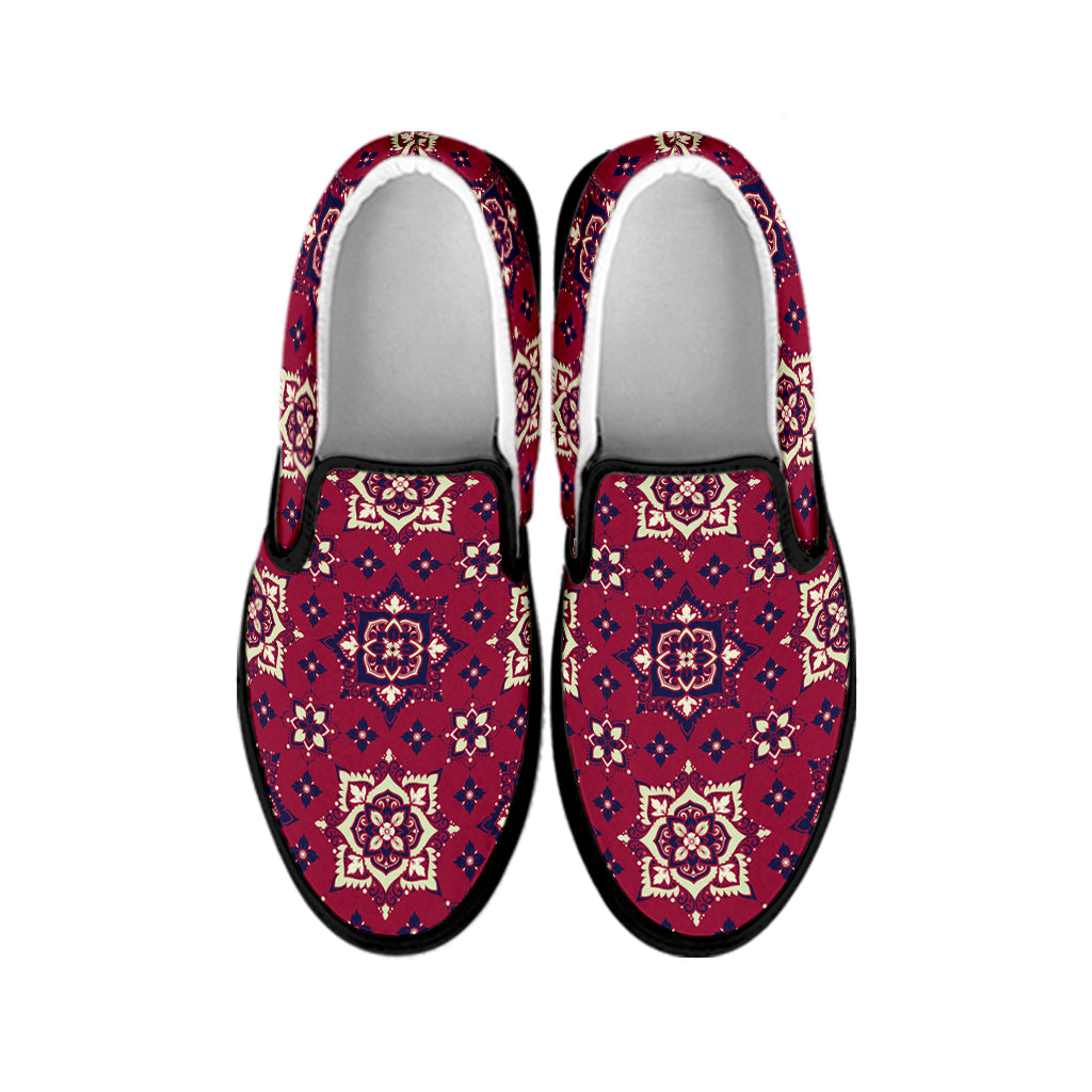 Red Boho Flower Pattern Print Black Slip On Shoes