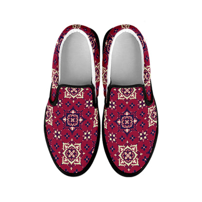 Red Boho Flower Pattern Print Black Slip On Shoes