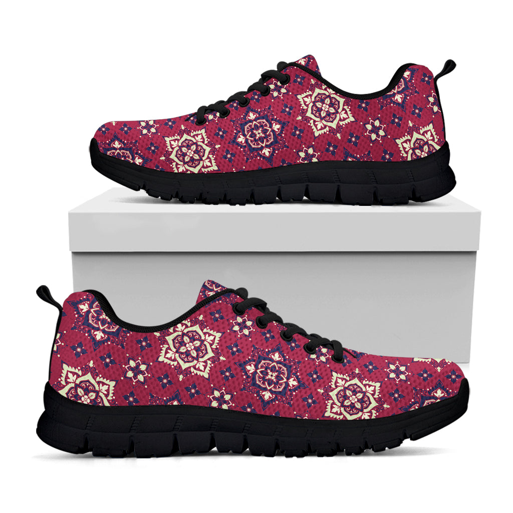 Red Boho Flower Pattern Print Black Sneakers