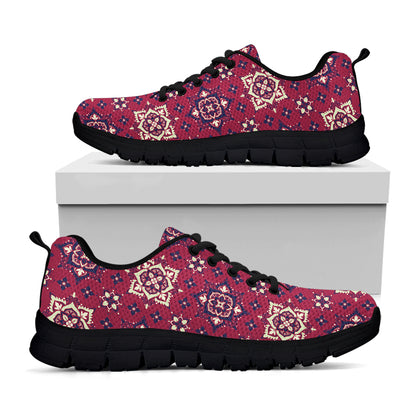 Red Boho Flower Pattern Print Black Sneakers