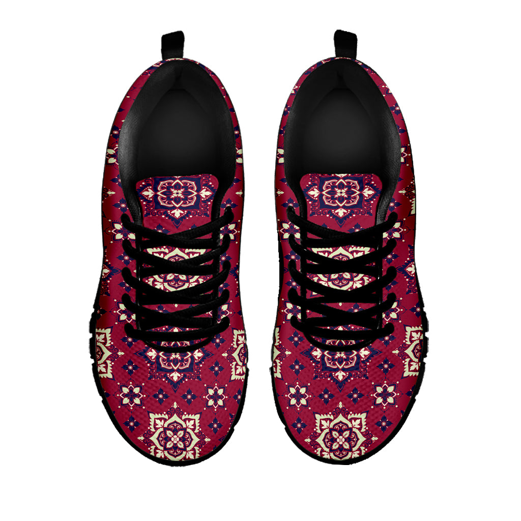 Red Boho Flower Pattern Print Black Sneakers