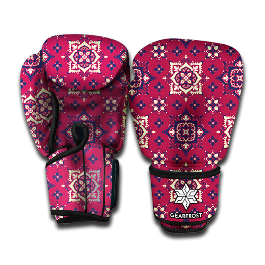 Red Boho Flower Pattern Print Boxing Gloves
