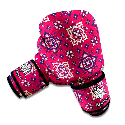 Red Boho Flower Pattern Print Boxing Gloves