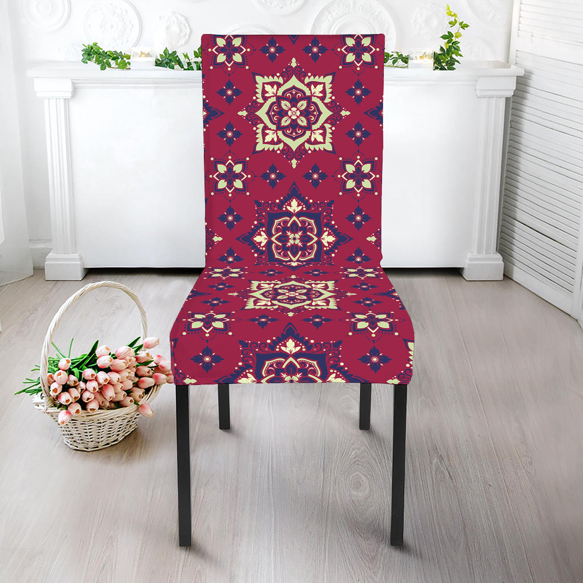 Red Boho Flower Pattern Print Dining Chair Slipcover
