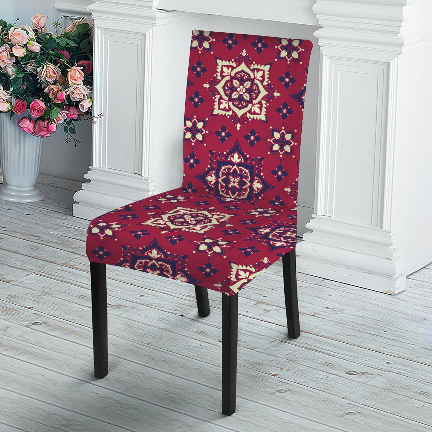 Red Boho Flower Pattern Print Dining Chair Slipcover