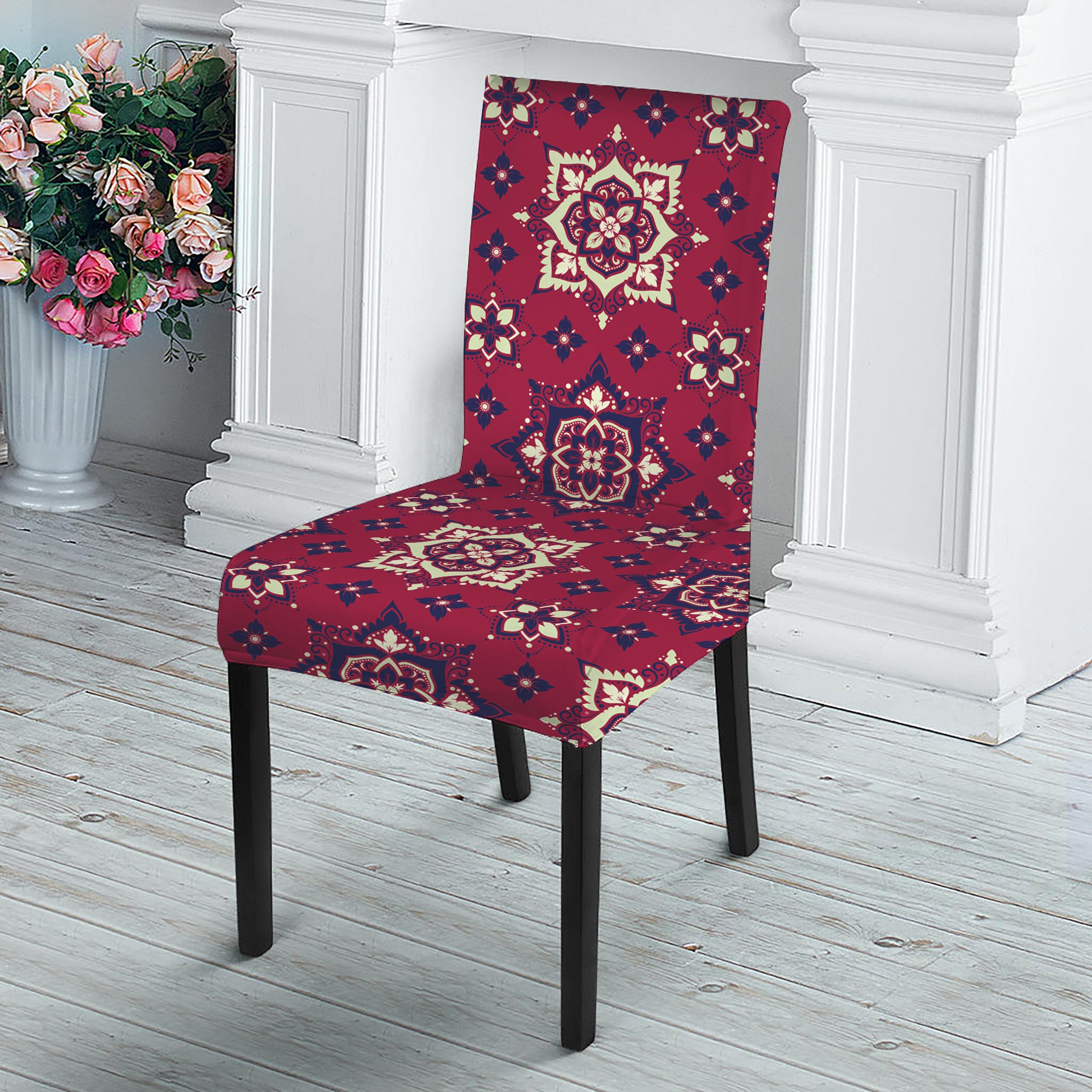 Red Boho Flower Pattern Print Dining Chair Slipcover
