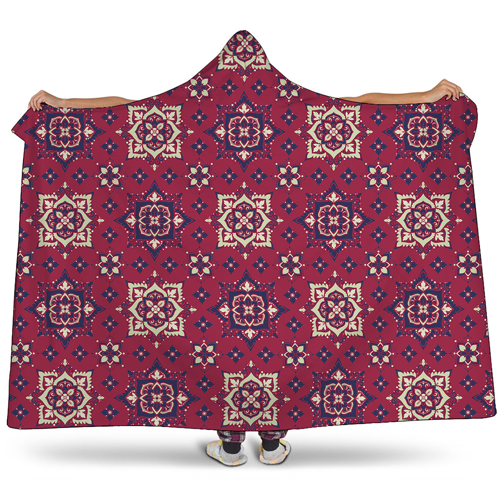 Red Boho Flower Pattern Print Hooded Blanket