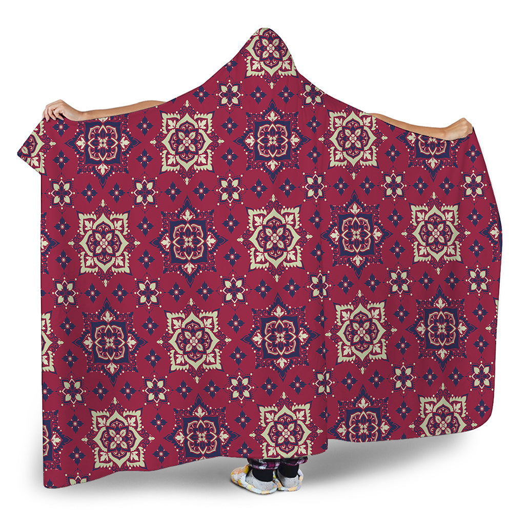 Red Boho Flower Pattern Print Hooded Blanket