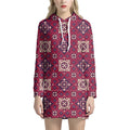 Red Boho Flower Pattern Print Pullover Hoodie Dress