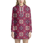 Red Boho Flower Pattern Print Hoodie Dress