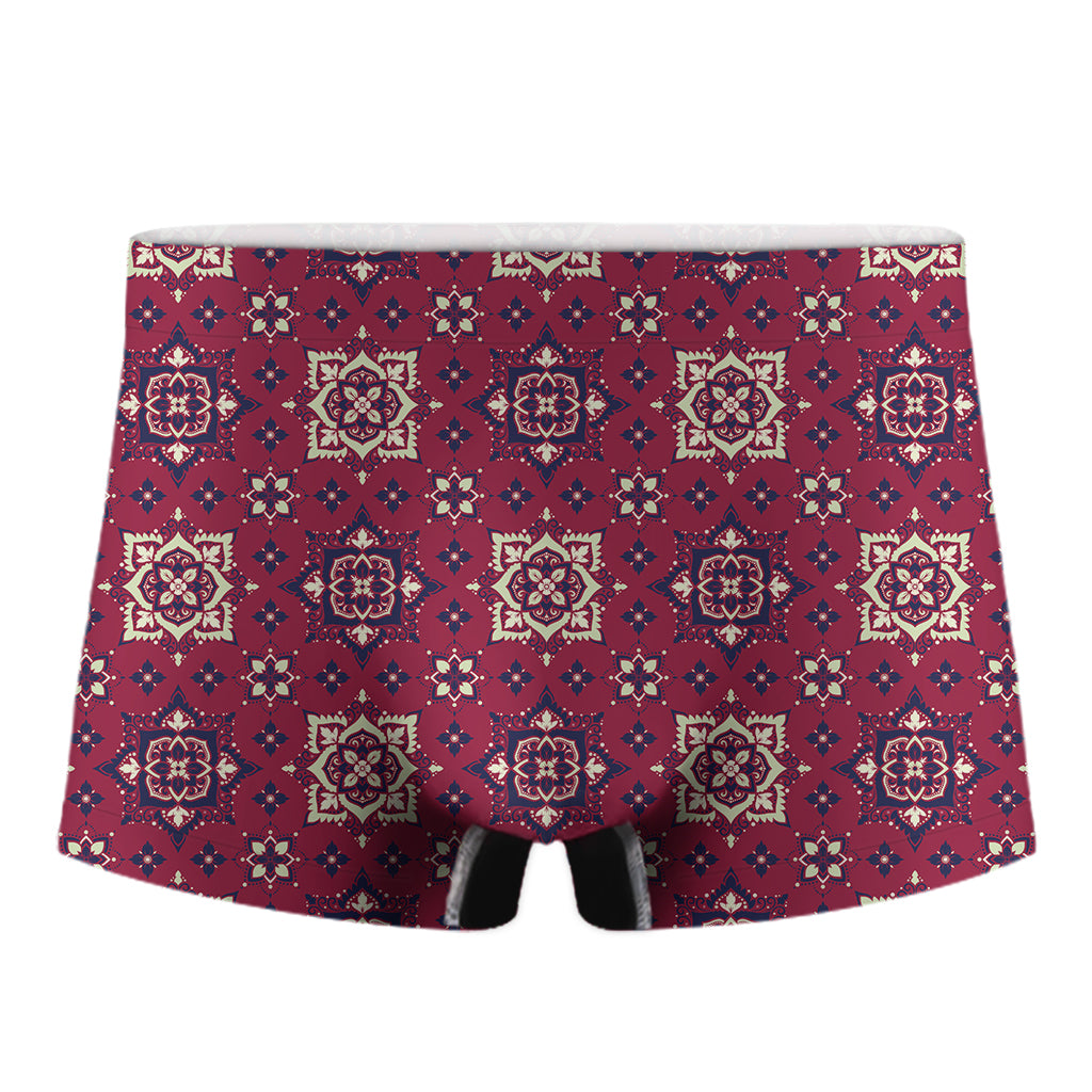Red Boho Flower Pattern Print Men's Boxer Briefs