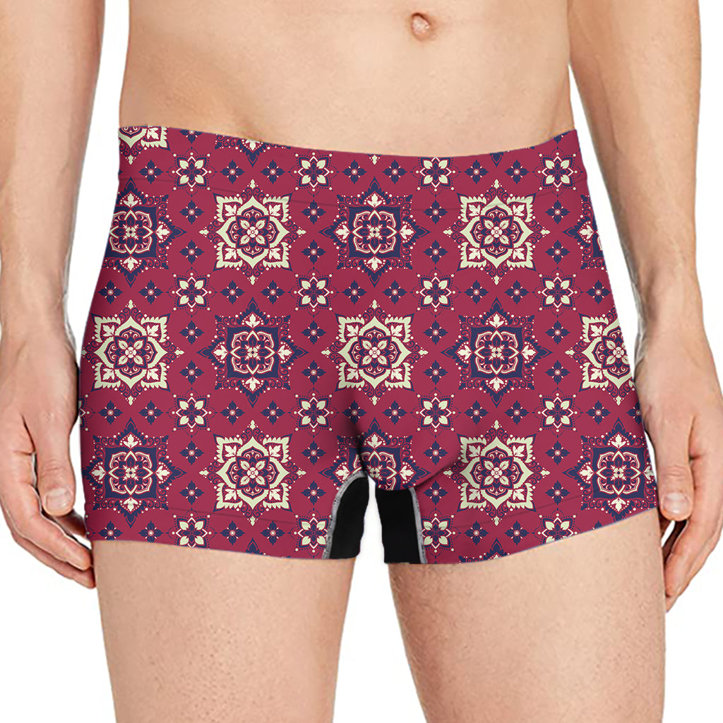 Red Boho Flower Pattern Print Men's Boxer Briefs