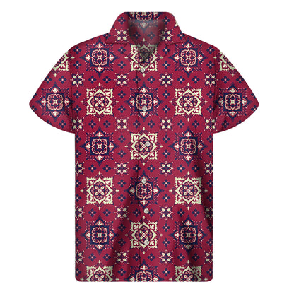 Red Boho Flower Pattern Print Men's Short Sleeve Shirt