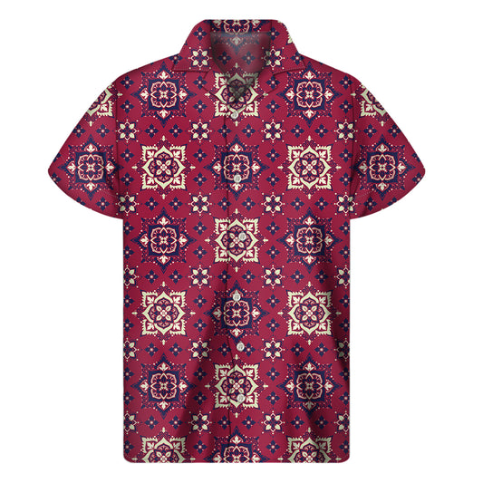 Red Boho Flower Pattern Print Men's Short Sleeve Shirt