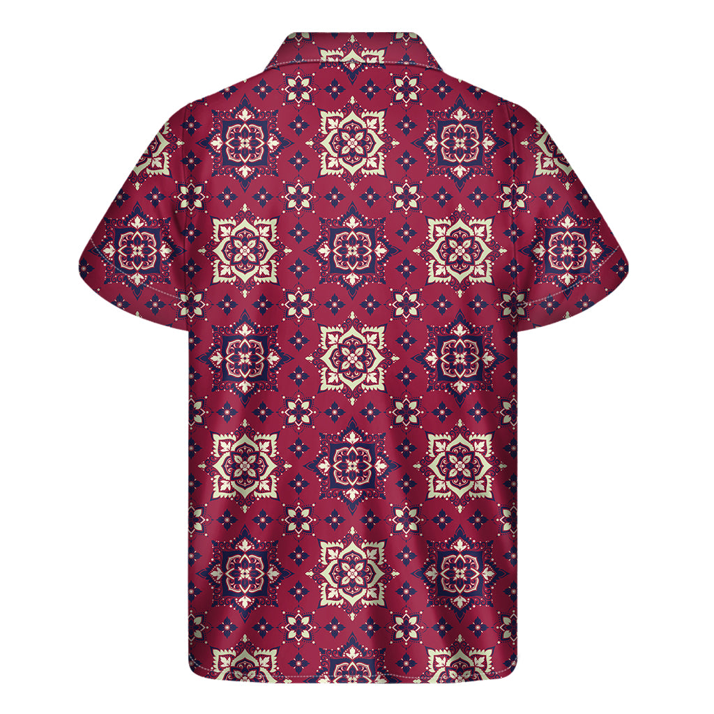 Red Boho Flower Pattern Print Men's Short Sleeve Shirt