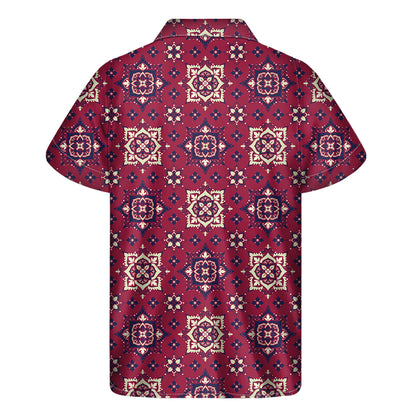 Red Boho Flower Pattern Print Men's Short Sleeve Shirt