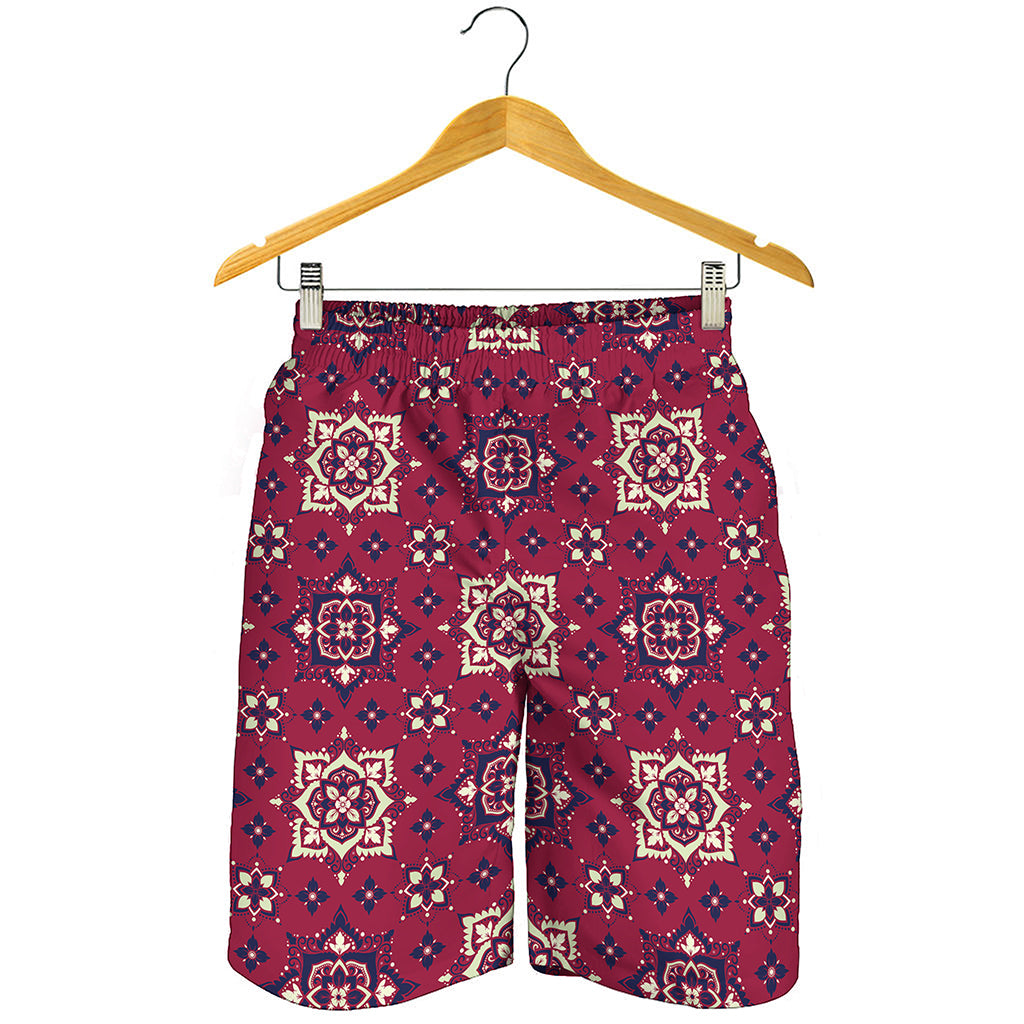 Red Boho Flower Pattern Print Men's Shorts