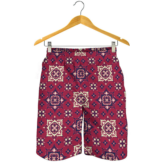 Red Boho Flower Pattern Print Men's Shorts
