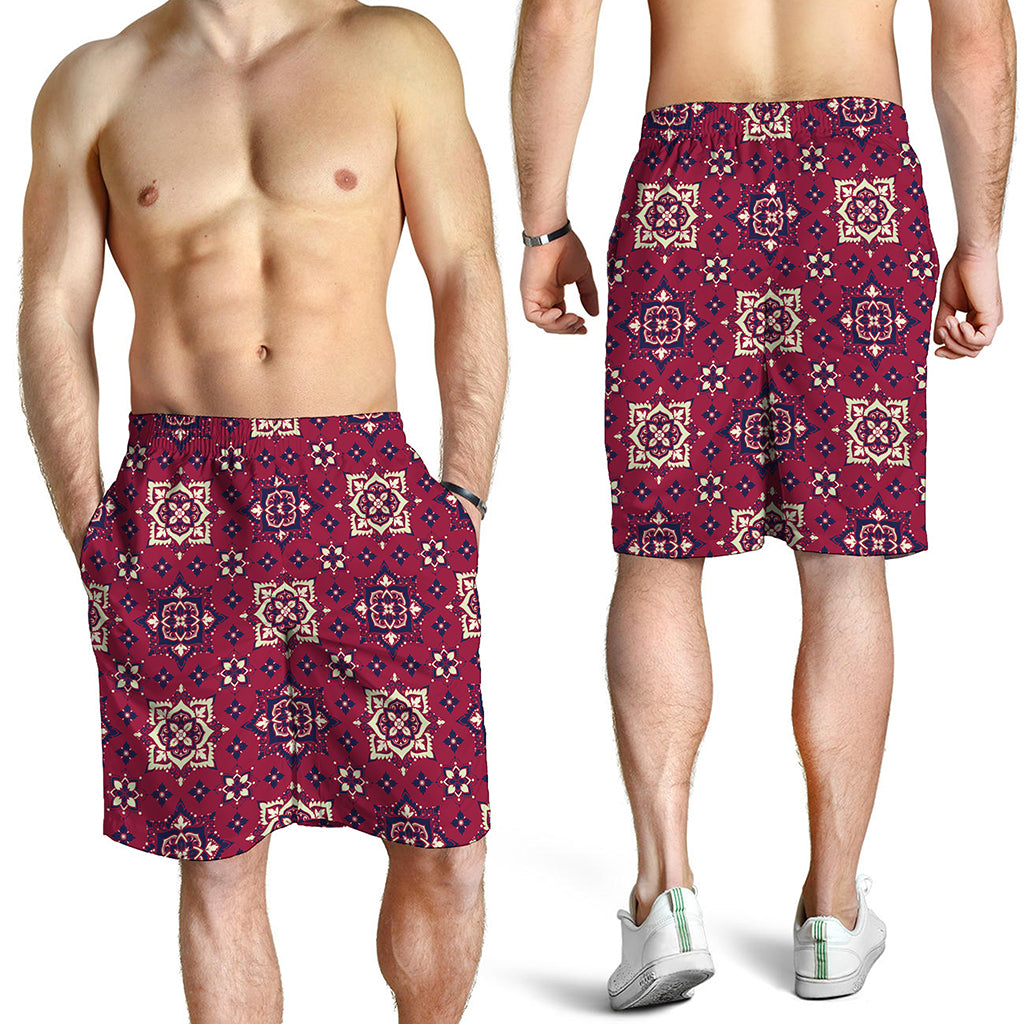 Red Boho Flower Pattern Print Men's Shorts