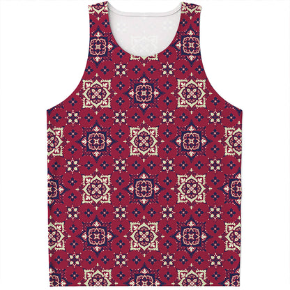 Red Boho Flower Pattern Print Men's Tank Top