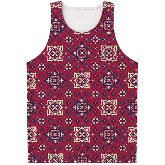 Red Boho Flower Pattern Print Men's Tank Top