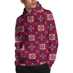 Red Boho Flower Pattern Print Pullover Hoodie