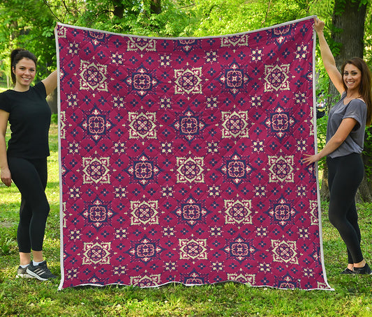 Red Boho Flower Pattern Print Quilt
