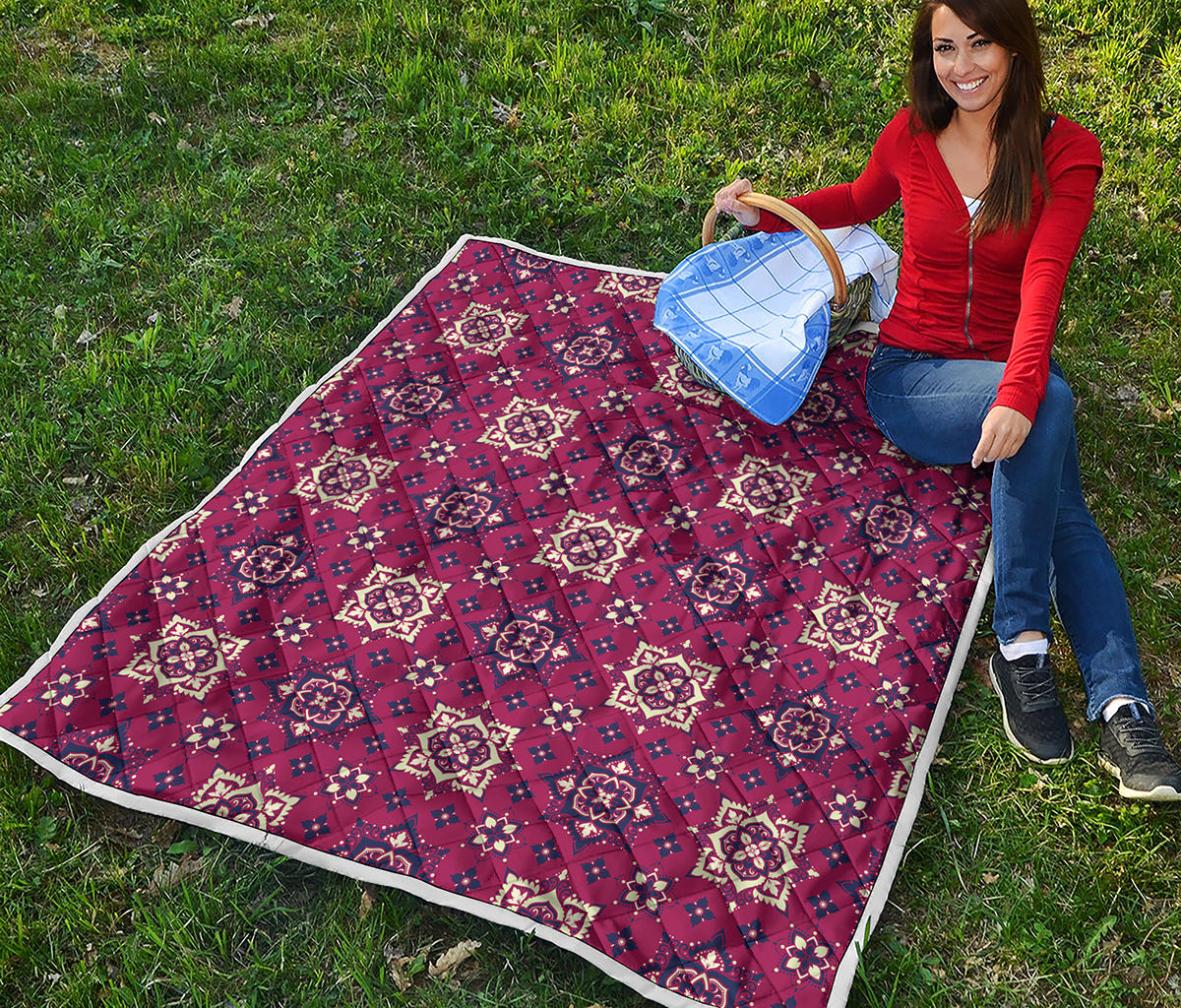 Red Boho Flower Pattern Print Quilt