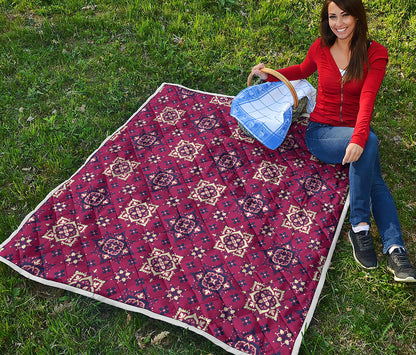 Red Boho Flower Pattern Print Quilt