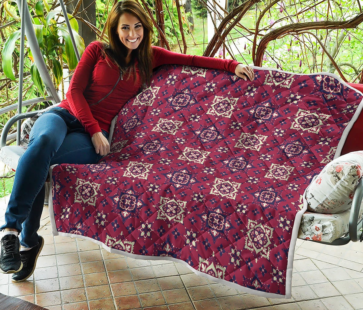 Red Boho Flower Pattern Print Quilt